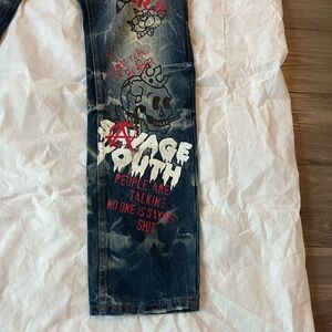 Men's Dark Blue Graphic Jeans with Skull & Text Print